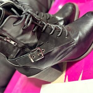 Black Lace-Up Ankle Boots with Buckle